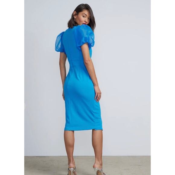 NWT NY&C Mesh Puff Sleeve Faux Wrap Sheath Dress Size M - Picture 2 of 11